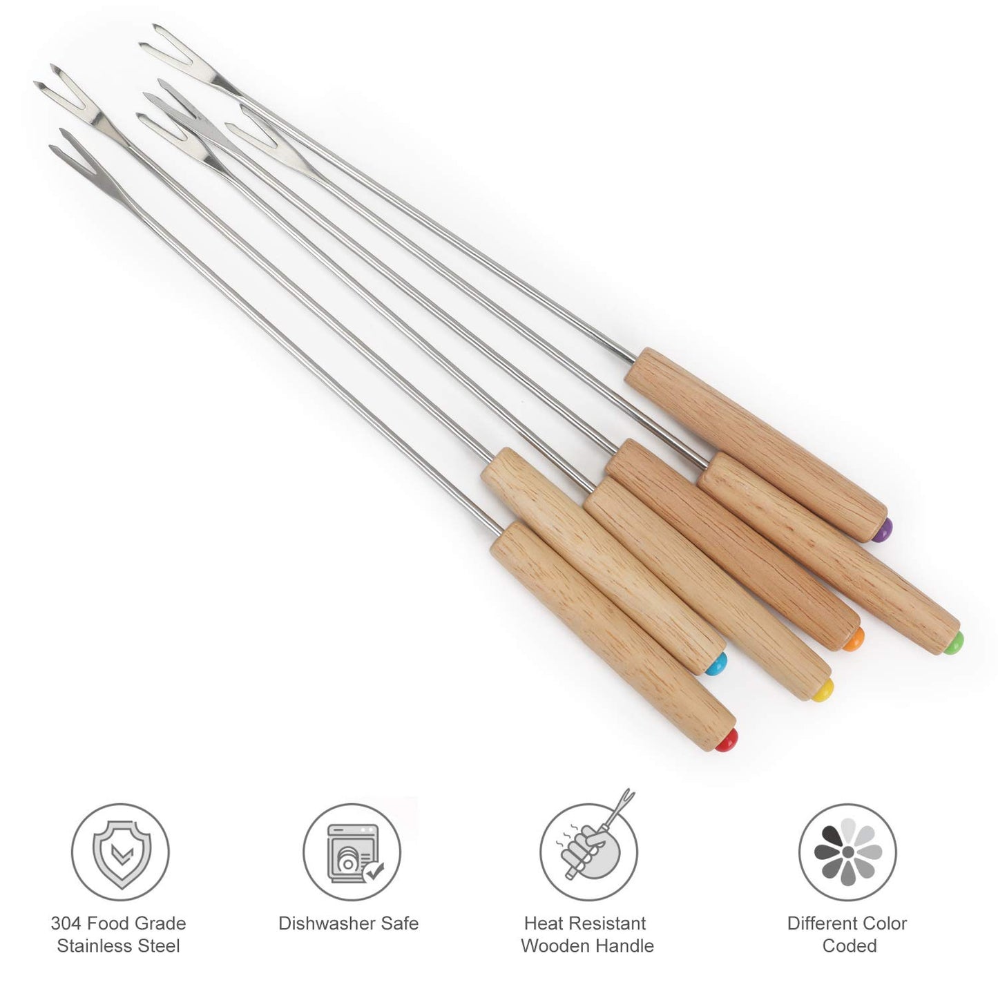 STYDDI Fondue Fork, 18Pcs Stainless Steel Color Coding Fondue Forks with Wooden Handle for Chocolate Fountain Cheese Fondue Roast Marshmallows, 9.5 Inch