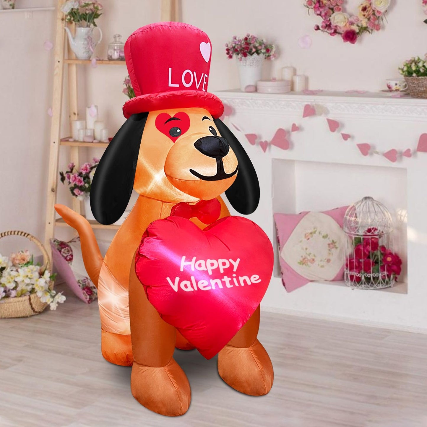 TURNMEON 4 Ft Valentine's Day Inflatables Outdoor Decoration Blow Up Dog Holds Happy Valentine Heart LED Lighted Valentines Decorations Yard Lawn Garden Indoor Home Party Wedding Valentines Decor Gift