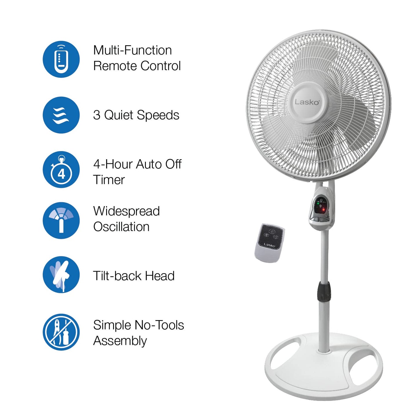 Lasko Oscillating Adjustable Pedestal Stand Fan with Timer and Remote for Indoor, Bedroom, Living Room, Home Office & College Dorm Use, 16 Inch, White, 1646