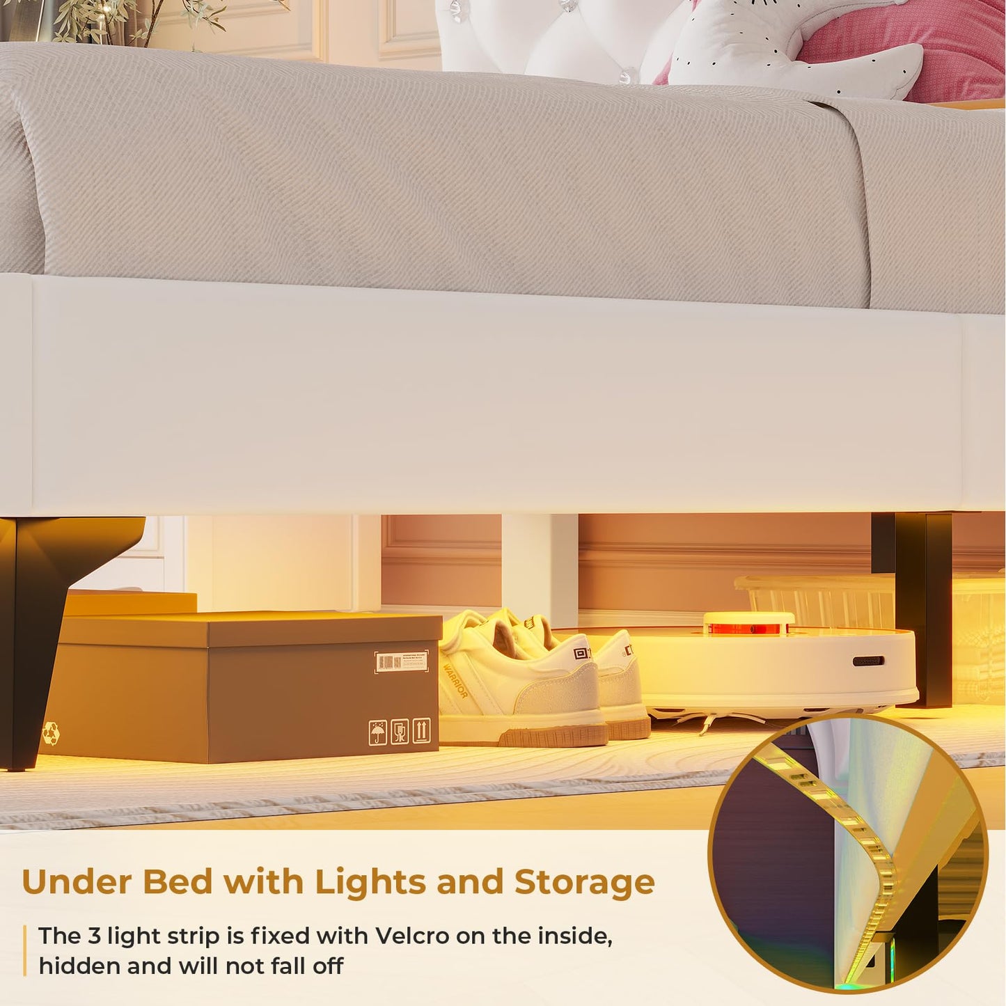 ADORNEVE Twin Bed Frame with RGB LED Lights, Princess Bed Frame with Adjustable Crystal Button Headboard, Velet Upholstered Platform Bed for Girls, Solid Wooden Slats, Easy Assembly, Creamy White