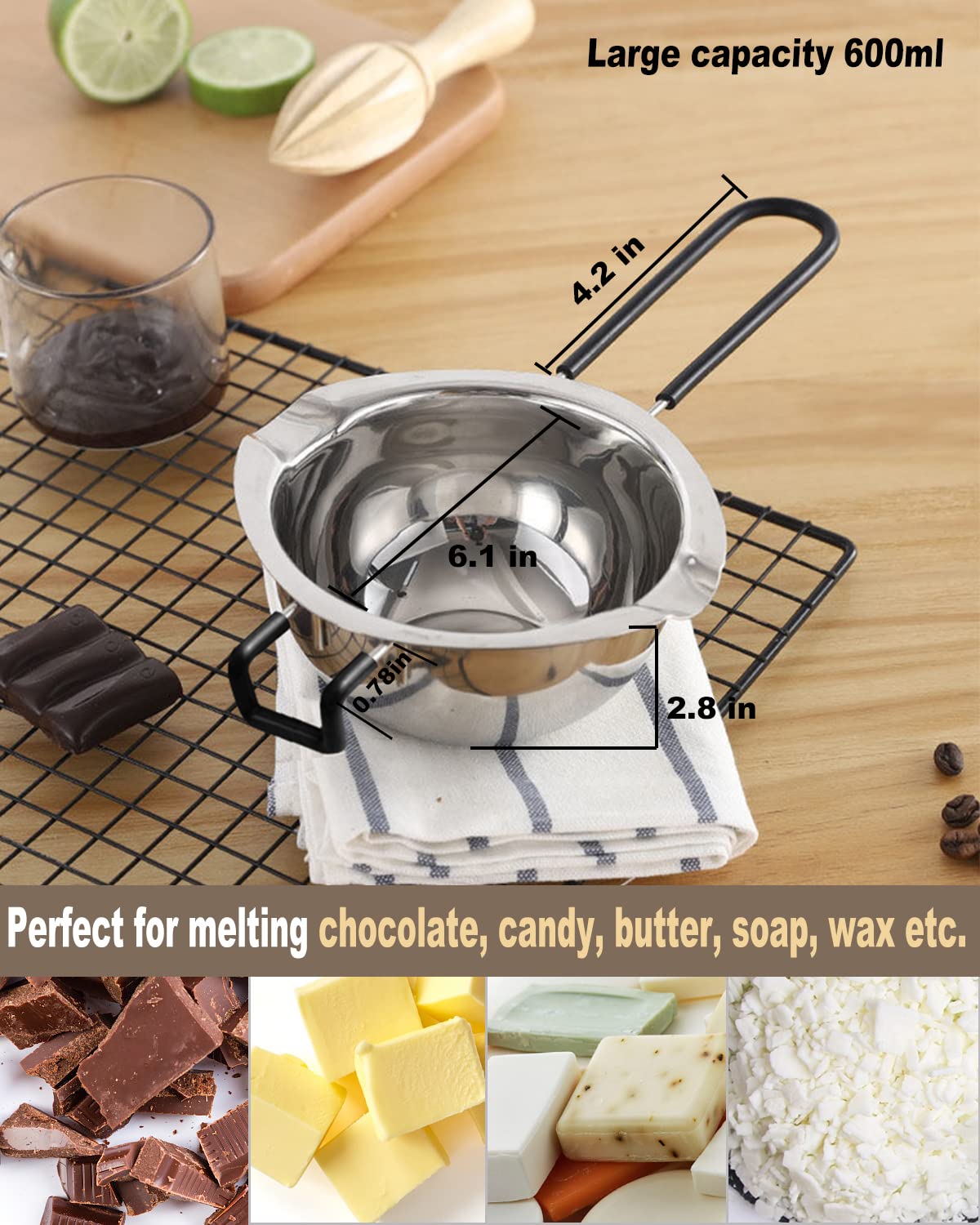 Double Boiler Pot Set, Stainless Steel Melting Pot with Silicone Spatula for Melting Chocolate, Soap, Wax, Candle Making (600ml and 1600ml)