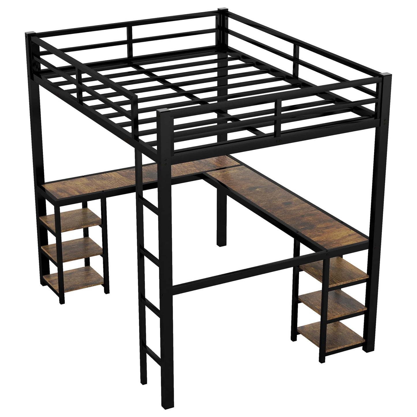 Twin XL Loft Bed with Desk and Storage Shelves, Heavy Duty Loft Bed with Black Desk, Ladder and Guardrail, Twin XL Loft Bed for Kids, Teens(Twin XL Black)