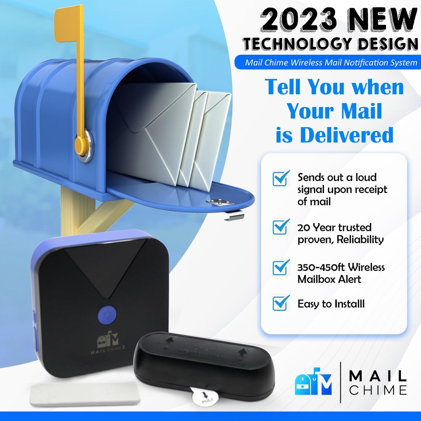 Mail Chime: Mail Alarm - Long Range (500 ft) Wireless Mailbox Alert - LED Light and Sound Alerts 20 Year Proven Brand