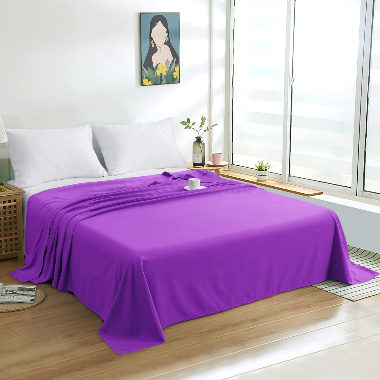 FLXXIE California King Flat Sheet - Brushed Microfiber Flat Sheet Only - Soft and Fade, Wrinkle-Free, Stain Resistance Flat Bed Sheet - Hotel Quality Top Sheet - (California King, Purple)