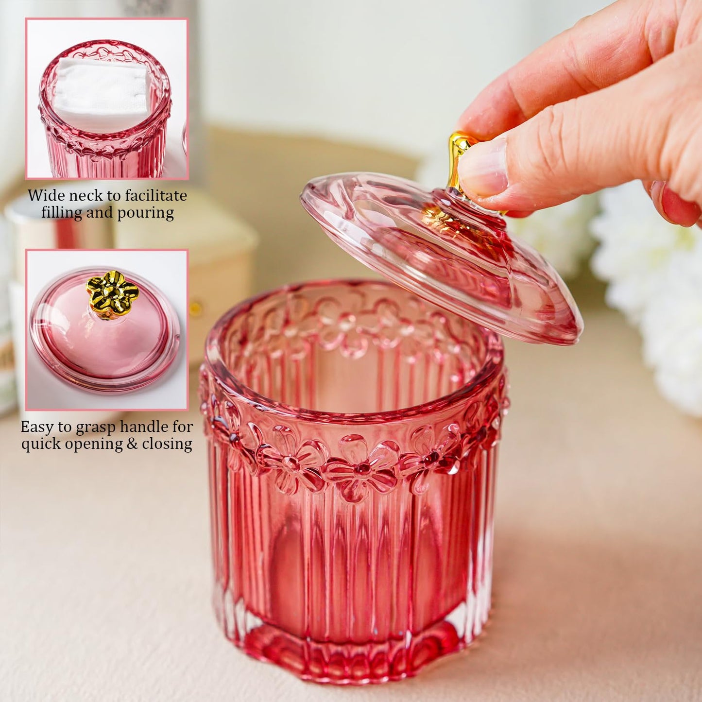 KANPURA Decorative Glass Jars with Lids,Crystal Apothecary Jars,Crystal Candy Jar,Glass Storage Bathroom Pink Jar Wedding Decor Gift for Women Mother,Wife