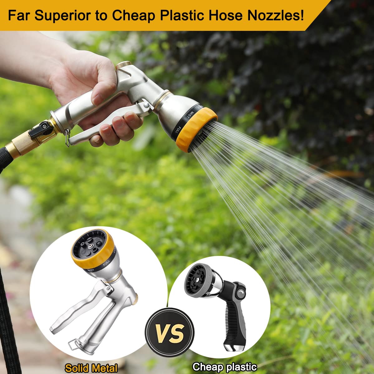 FANHAO Garden Hose Nozzle Heavy Duty, 100% Metal Spray Nozzle High Pressure Water Hose Nozzle with 7 Patterns for Watering Garden, Washing Cars and Showering Pets