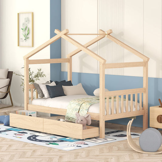 Merax Twin Size Wooden House Bed with Two Drawers, Wood Bed Frame with Roof for Kids, Teens, Boys or Girls, Natural