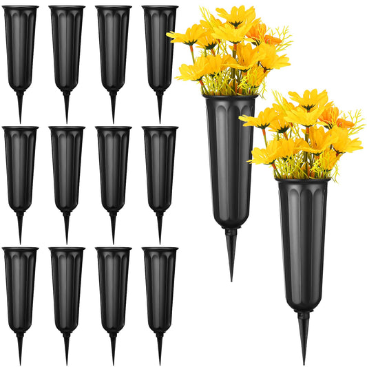 12 Pcs Cemetery Vases with Spikes Plastic Memorial Floral Vases Grave Flower Holder Cone In Ground Vases with Stakes for Lawn Headstone Graveside Decoration Artificial Fresh Flowers (Black)