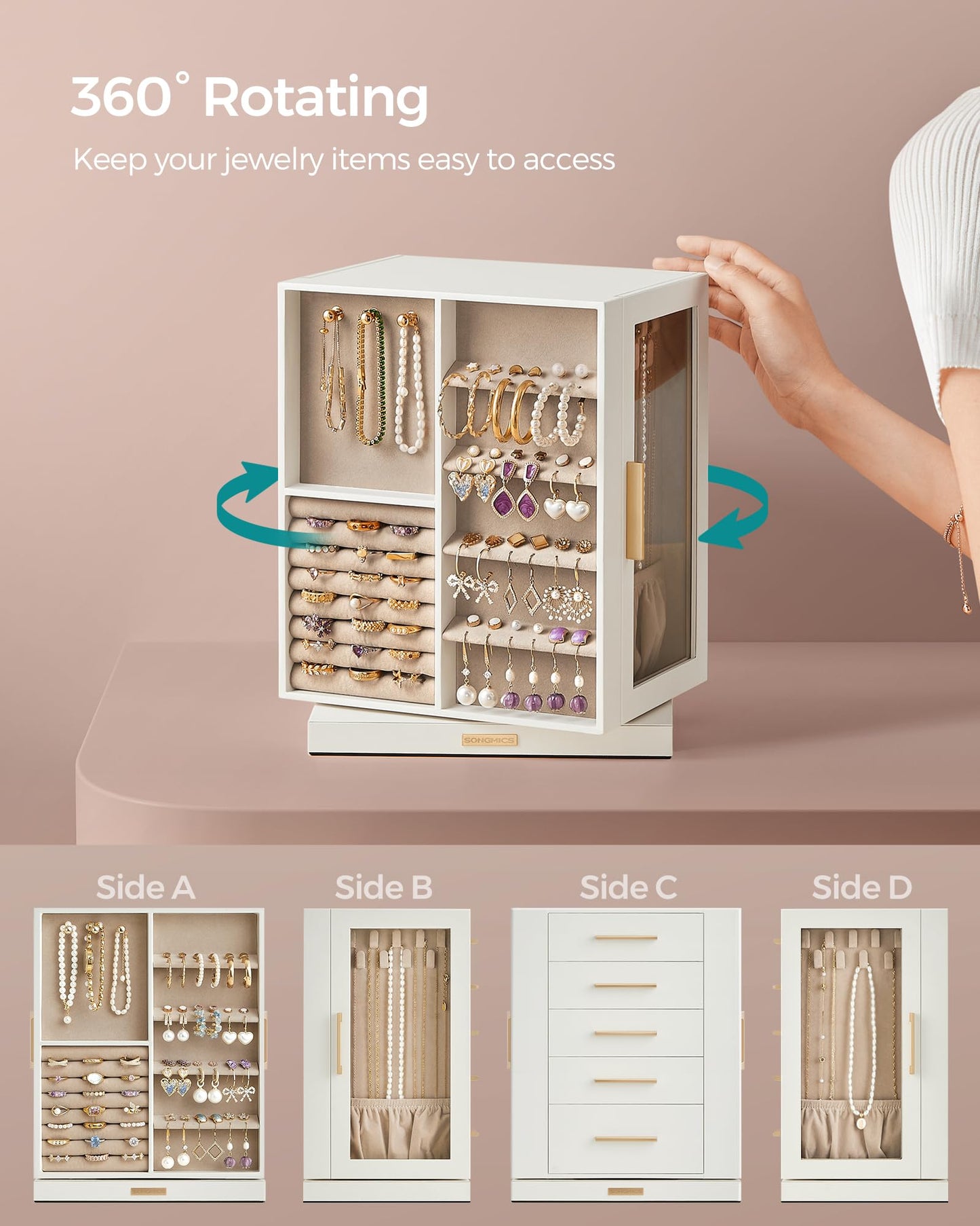 SONGMICS Jewelry Box 360° Rotating, Jewelry Storage Case with 5 Drawers, Jewelry Organizer, Glass Window, Spacious, Vertical Jewelry Storage, Open Design, Great Gift, Cloud White UJBC170W01