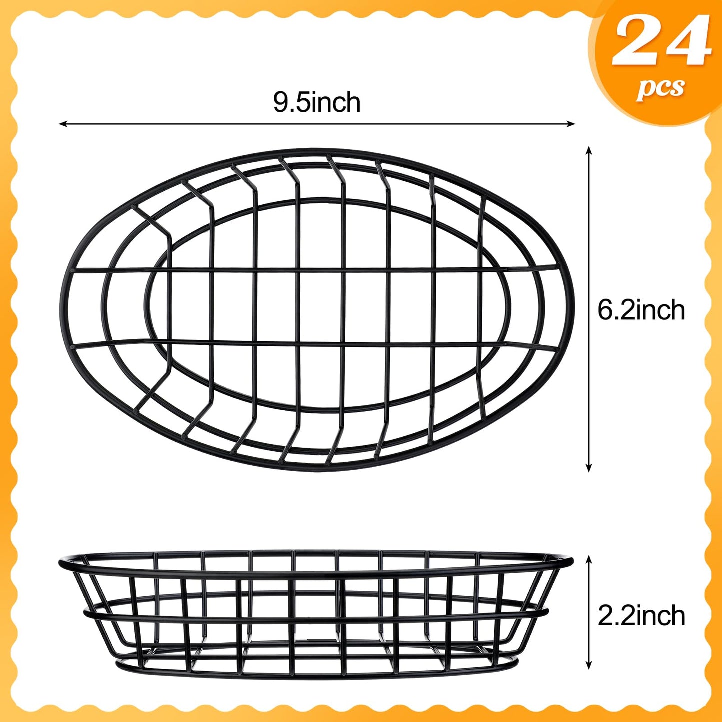 Hushee 24 Pcs Wire Bread Basket 9.5 x 6.2 x 2.2 Inch Oval Metal Dinner Roll Baskets for Serving Fruit Bowl Basket Storage with 100 Sheets Deli Wrappers Paper for Kitchen Table Fast Food (Black)