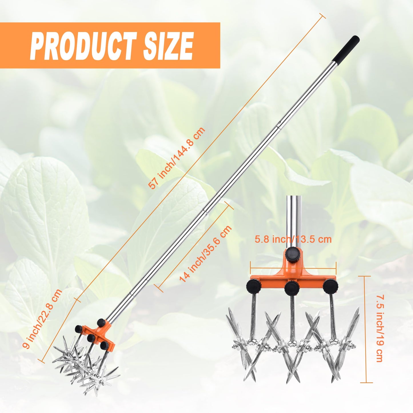 BARAYSTUS Rotary Cultivator Garden Rotary Tiller Adjustable Stainless Steel Poles Hand Tiller for Soil Mixing or Reseeding Grass Lawn Tiller Total Length 57 Inch