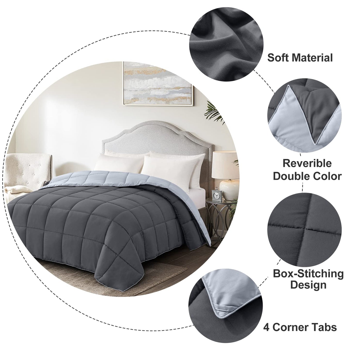 Homelike Moment California King Comforter - Grey Lightweight Down Alternative Bed Comforter, All Season Duvet Insert Quilted Reversible Bedding Comforters Soft Cal King Size Dark Gray/Light Grey