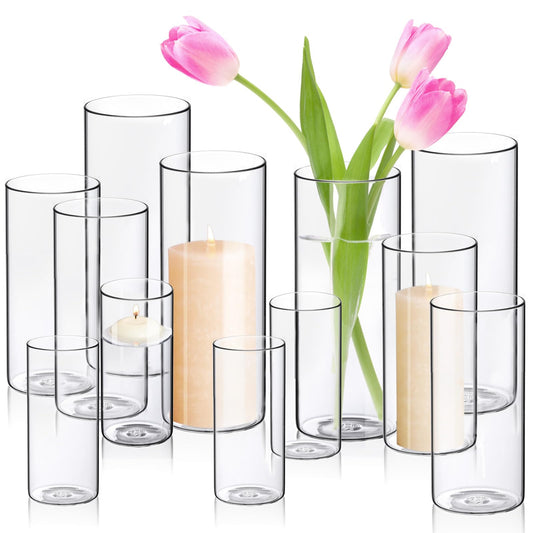 WDHODEC Hurricane Candle Holders Cylinder Flower Vases Pillar Votives Floating Candles Holder, Clear Glass Vase for Wedding Party Decor 10" 7.8" 6" Set of 12