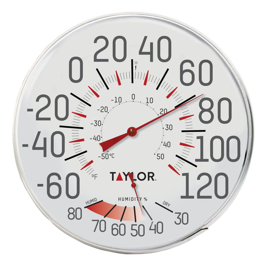 Taylor Metal Wall Indoor Outdoor Thermometer and Hygrometer, Easy to Read Numbers for Patio, Pool, and Indoor Areas, 12 inch, White