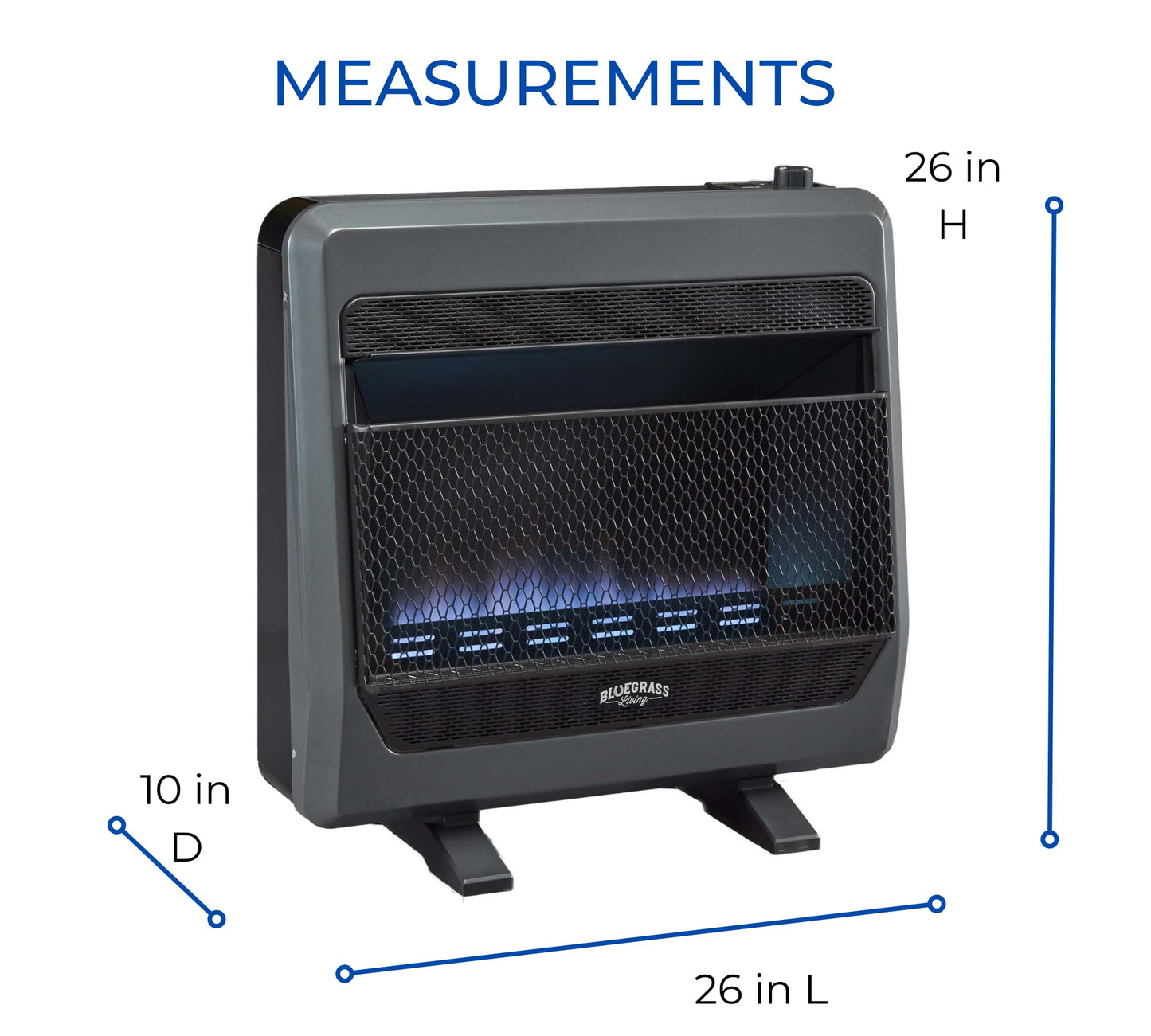 Bluegrass Living B30TPB-BB Ventless Propane Gas Blue Flame Space Heater with Thermostat Control, 30000 BTU, Heats Up to 1400 Sq. Ft., Includes Wall Mount, Base Feet, and Blower, Black