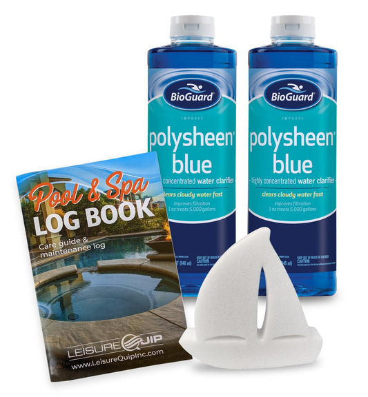 2 Pack BioGuard® Polysheen® Blue Swimming Pool Water Clarifier with LeisureQuip ScumBoat and LeisureQuip Pool Care Logbook (1 Quart Bottles)