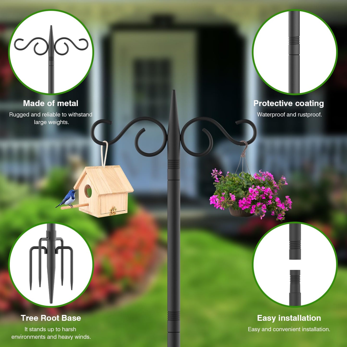 RCUICA Double Shepherds Hooks for Outdoor,2 Pack 110 Inch Bird Feeder Pole with 5 Prongs Base,Heavy Duty Shepherds Hook,Suitable for Garden in Hanging Flower Basket,Lantern,Bird Nests (110 Inch)