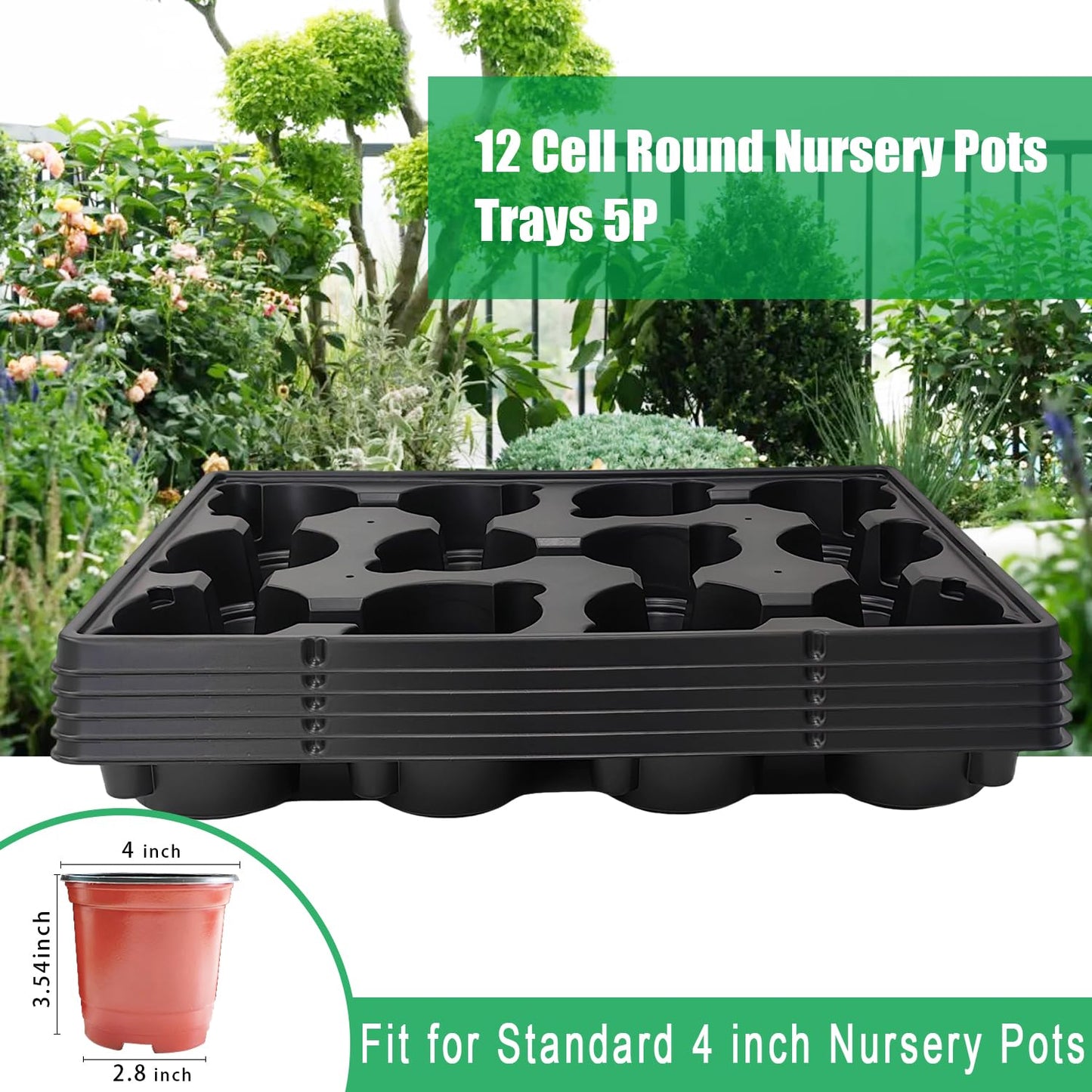 RooTrimmer 12 Cell Round Nursery Pots Trays Thickened Durable Seedling Pots Shuttle Carrying Trays for Holding 4 inch Nursery Pots (16.85" × 12.6", 5-Pack)
