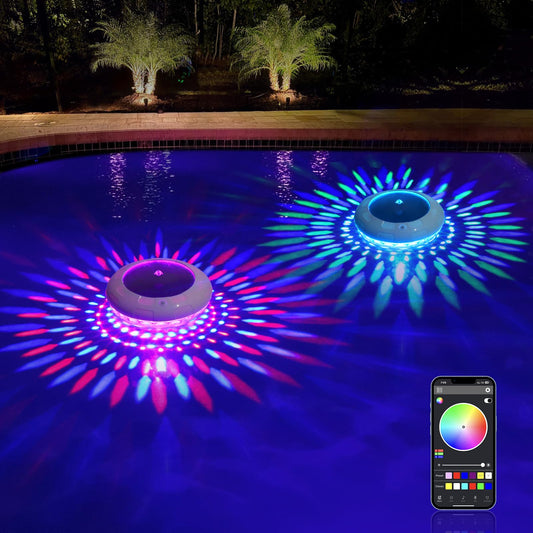 LENONE Floating Pool Lights with APP, 6.5 Inch Dynamic RGB Color Changing Solar Pool Lights That Float, IP68 Waterproof Dimmable Hangable Solar Floating Lights for Pool, Garden, Weeding Decor-2PCS