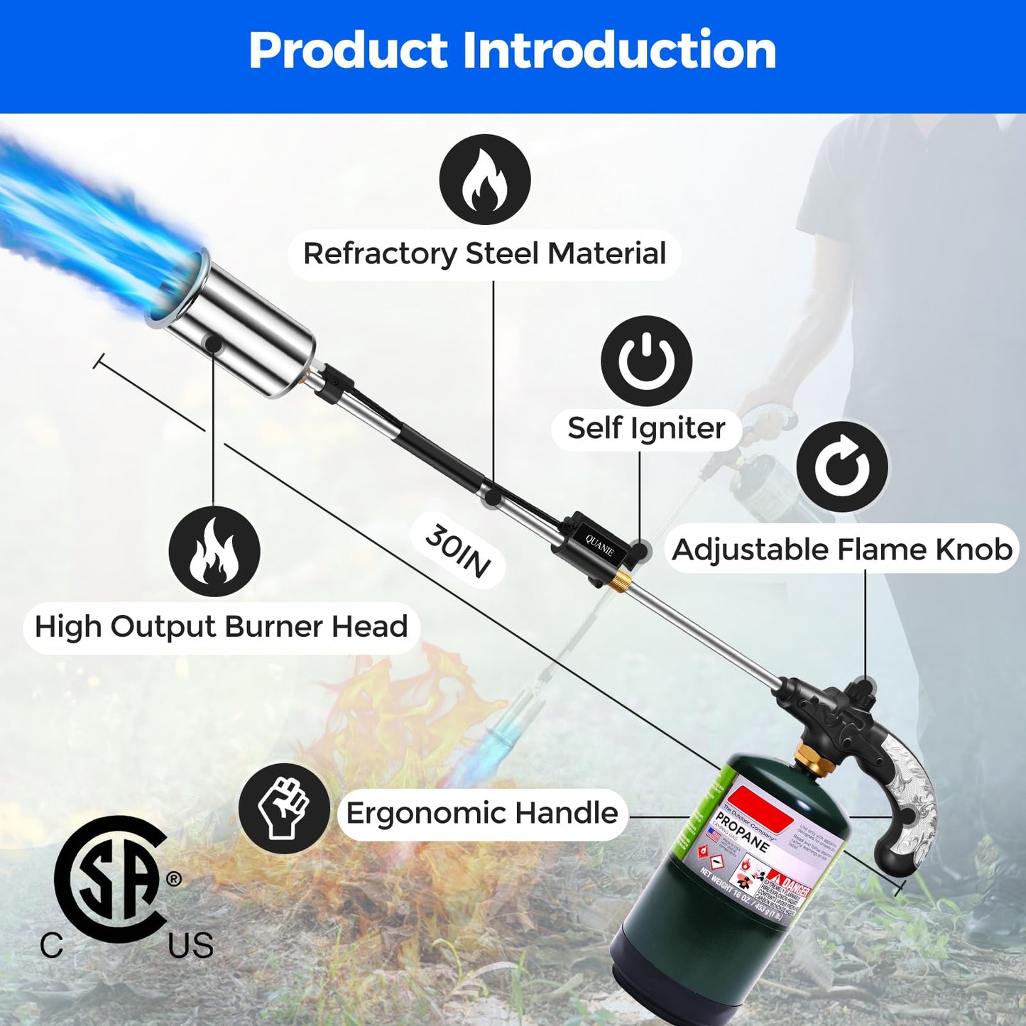 Weed Torch Propane Burner,1,200,000BTUs Blow Torch Flame Thrower,Weed Burner with Self Igniting and Ergonomic Handle for Outside Weeding,Roofing,Snow Melting,Charcoal Starter(Fuel Not Included)