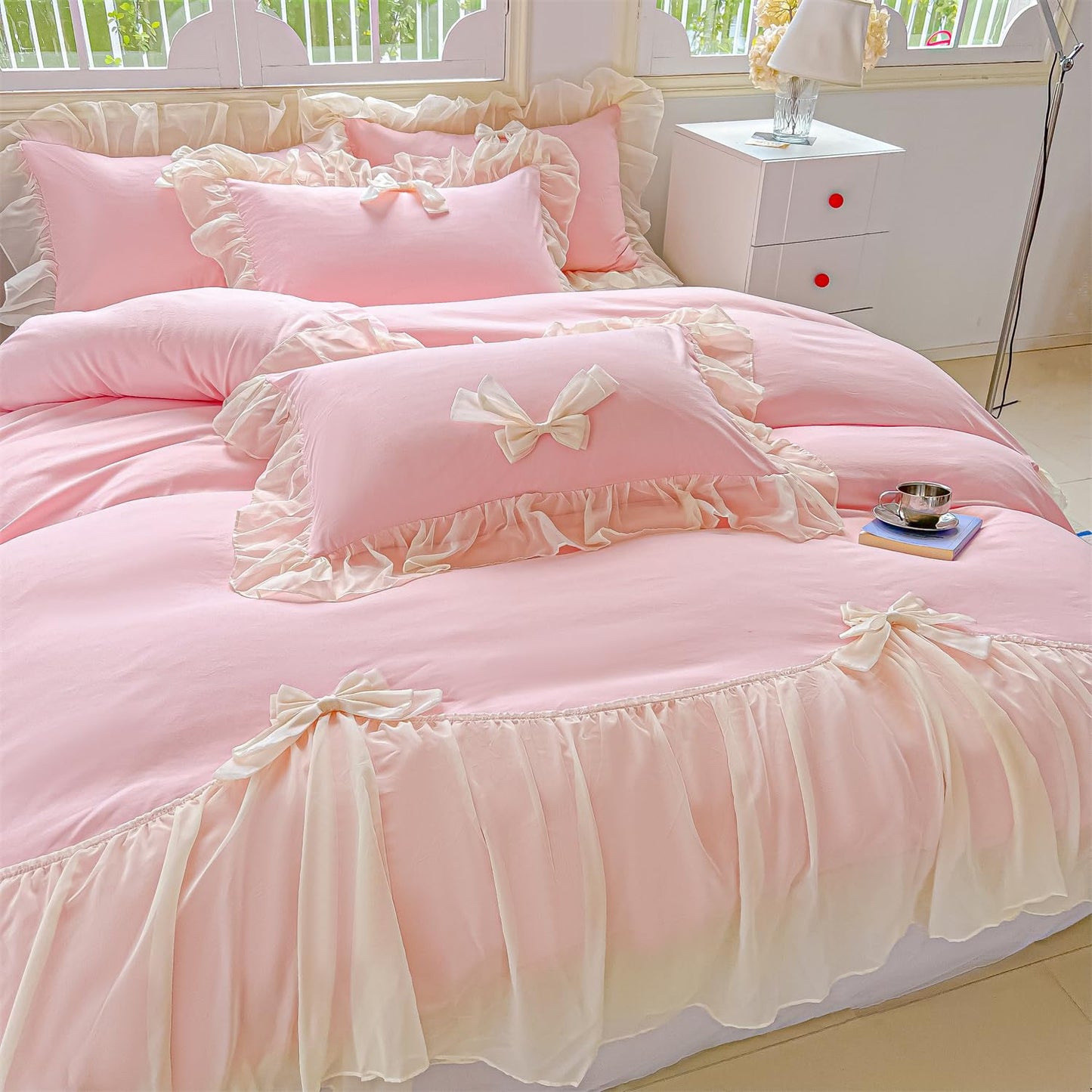 SOUKECHY Girls Lace Bedding,Pink Full Comforter Cover Set, Chic Ruffled Duvet Cover with Lovely Bow,Princess Style 1 Duvet Cover with 2 Pillowcases, No Comforter-Pink,Full Size