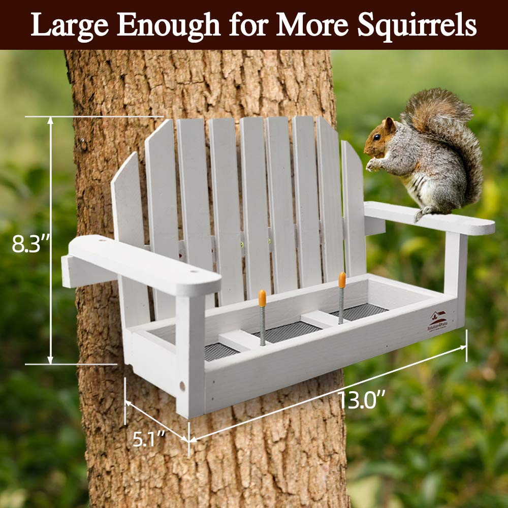 Solution4Patio White Bench Chair Chipmunk & Squirrel Feeder, Mesh Bottom, 2 Corn Cob Holders, Peanut or Acorn Loader, Solid Pine Wood, 13 in. L x 5.1 in. W x 8.3 in. H, Funny Gift & Deco, #B103A02