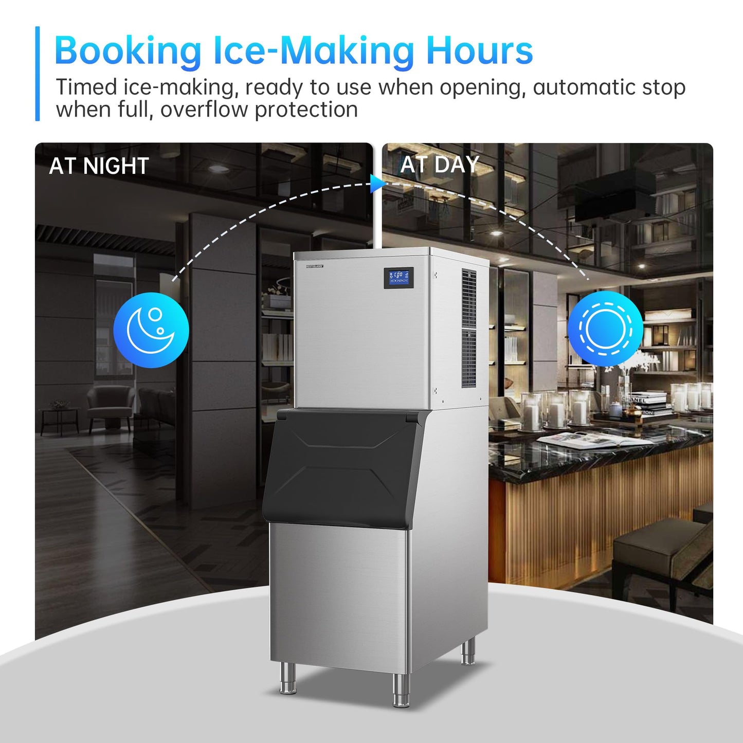 RESTISLAND Commercial Ice Maker Machine, 400 lbs /24 h, 330 lbs Storage Bin, Stainless Steel, Automatic Cleaning, Blue Ray, Perfect for Bar or Business, Includes Ice Shovel, Connection Hose