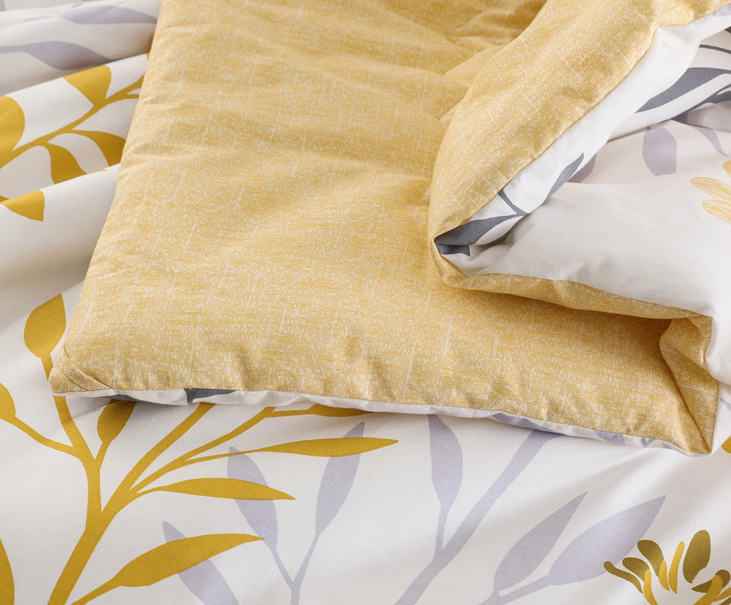 SLEEPBELLA Cotton Queen Size Comforter, 600 Thread Count Cotton Grey Branch with Yellow Flower & Grey Leaves Pattern Comforter Set,Down Alternative Bedding Set 3Pcs(Queen, Yellow Botanical)