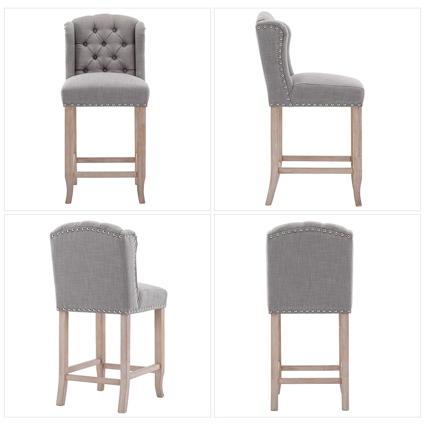 DUOMAY Tufted 26 Inch Counter Height Bar Stools Set of 2, Linen Fabric Counter Chairs with Back, Armless Barstools Breakfast Stools W/Solid Wood Legs for Kitchen Island Lounge Pub Bar, Grey