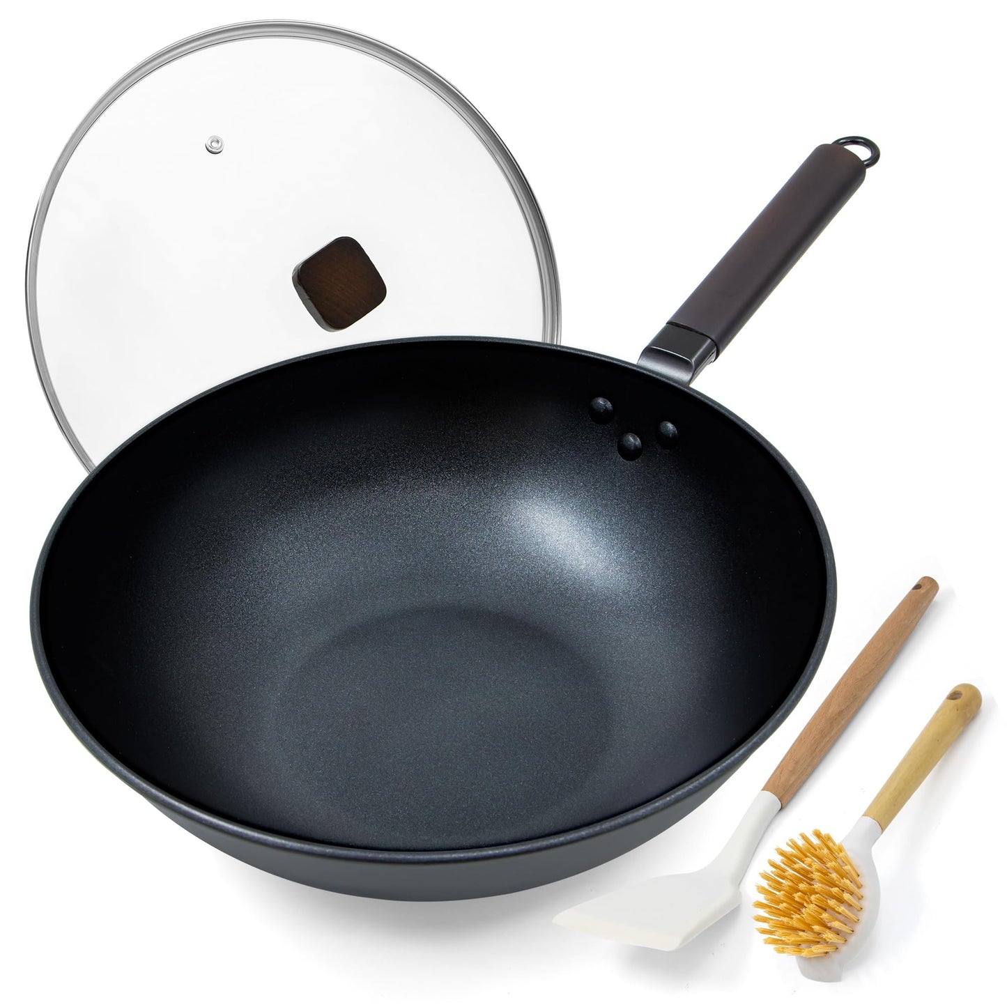 welsteepse Steel Wok Pan, Stir Fry Wok, Carbon Steel Wok, Non-Stick Skillet, No Chemical Coating, Flat Bottom Wok Pan for All Stoves - 13in (Black) (Glasslid Wok)