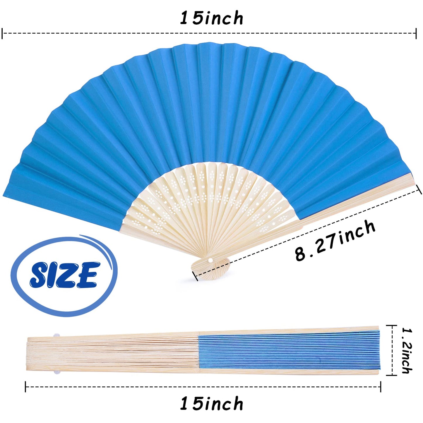 JOHOUSE 12PCS Folding Paper Fans, Handheld Paper Fan Foldable Decorative Fans Blue Bamboo Fan for Summer Beach Party Dancing DIY Wall Decoration