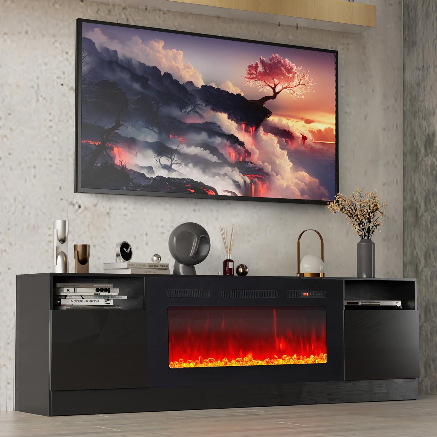 oneinmil Fireplace TV Stand with 36" Electric Fireplace, LED Light Entertainment Center, Modern Wood Texture Entertainment Stand with Highlight Storage Cabinet for TVs Up to 80", 70 inches, Black