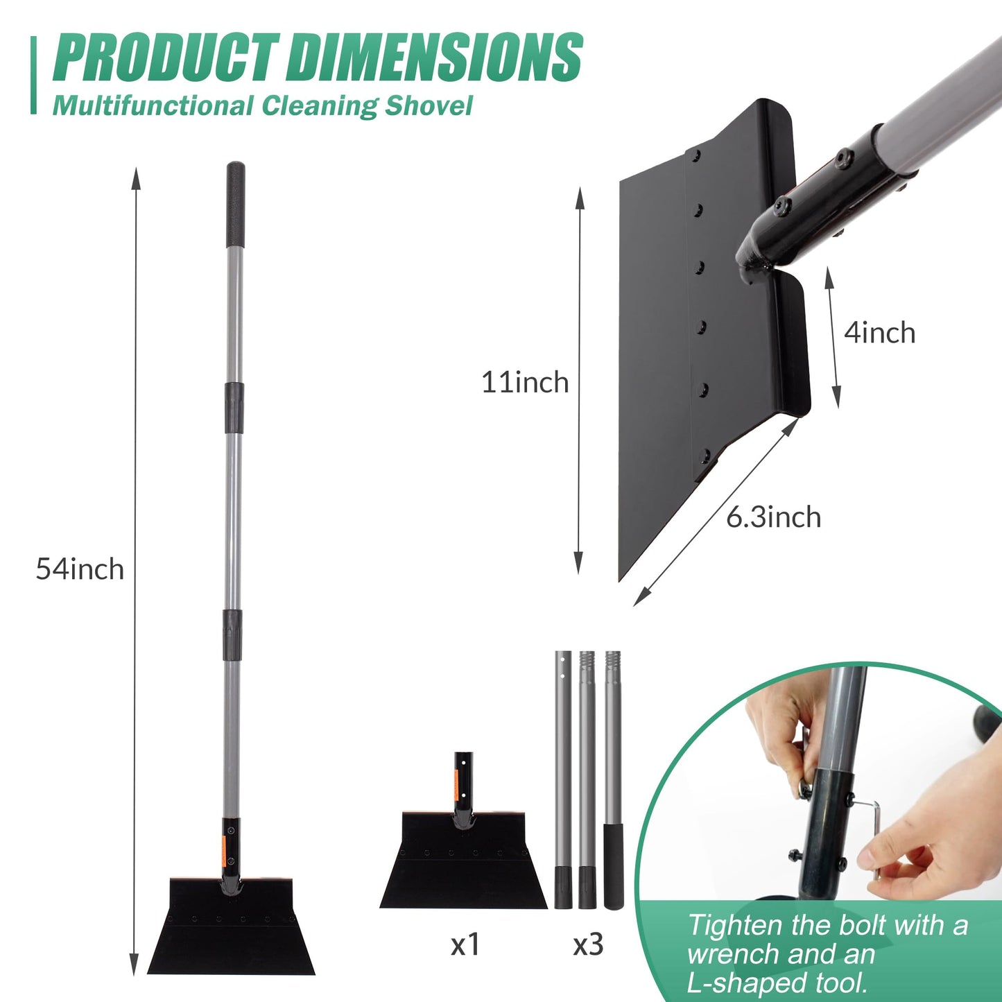 Suchtale Multifunctional Garden Cleaning Shovel, Heavy Duty Steel Flat Shovel with 54" Adjustable Handle, Gardening Scraper Shovel, Outdoor Spade Tool for Weeding, Lawn Edging, Digging, Ice Removal