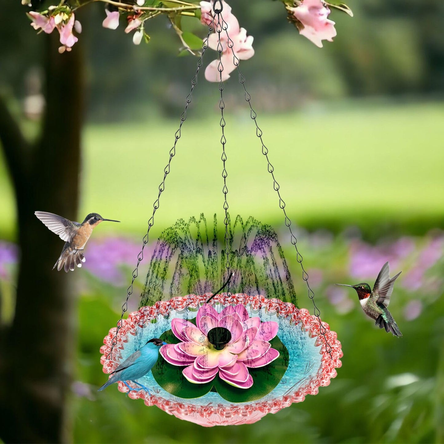 Hanging Bird Bath - Bird Bath Bowl with Solar Fountain Pump - Deck Mount Metal Bird Bath Bowl Powered by Water Fountain Pump for Outdoor Garden - Solar Powered Bird Bath Fountain (Pink)