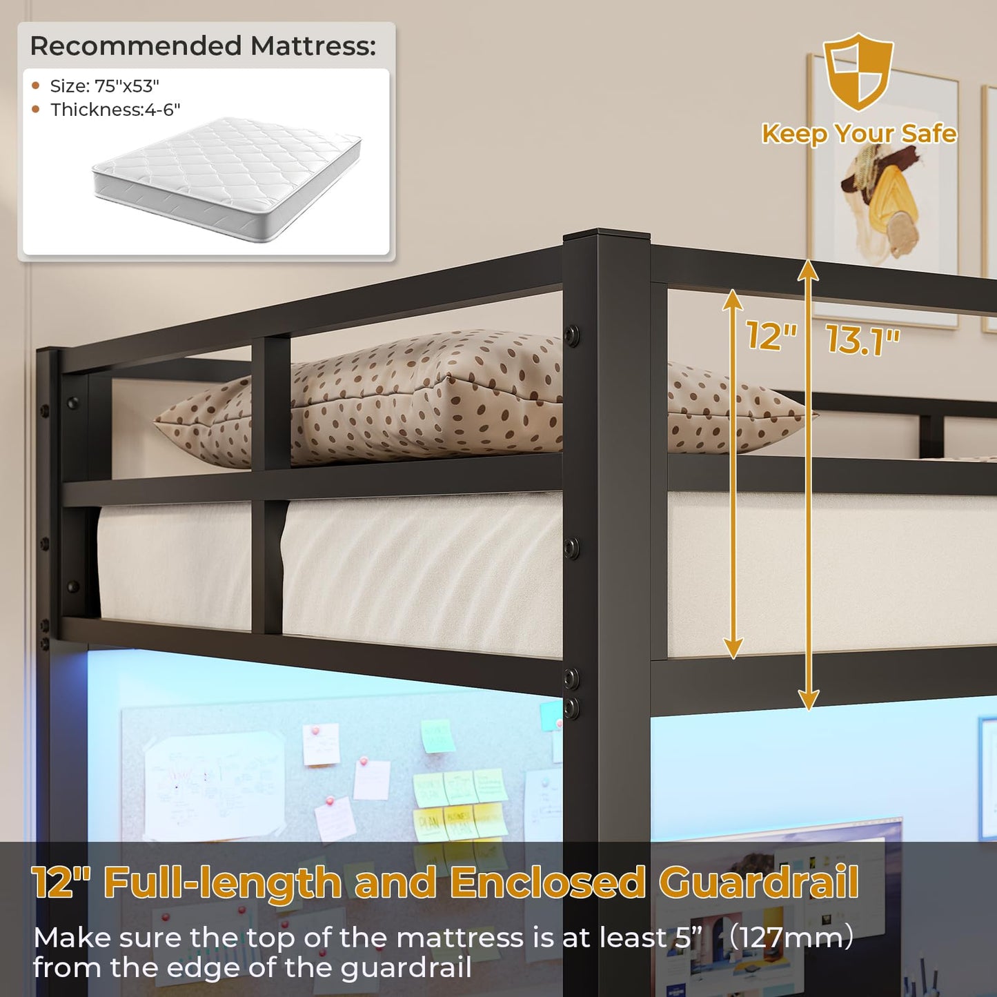 DICTAC Loft Bed Full Size with Desk and Led Lights Full Metal Loft Bed with Charging Station Full Size Metal Bed Frame with Safety Guard & Ladder, Space-Saving,No Noise,No Box Spring Needed, Black