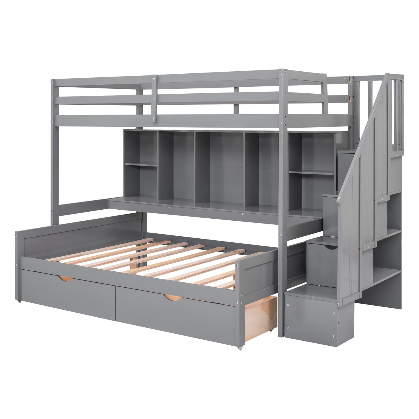 BIADNBZ Twin XL Over Full Bunk Bed with Stairs, Storage Drawers and Built-in Storage Shelves, Wood Stackable BunkBed can be Convertible into LoftBed &A Platform Bedframe, for Kids Teens Adults, Gray