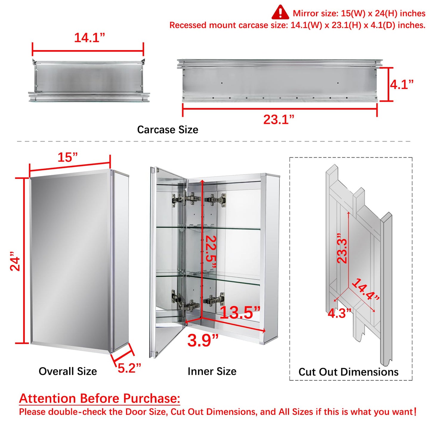 Fundin Aluminum Bathroom Medicine Cabinet with Framless Double Sided Mirror Door15 Inch x 24 Inch Recess or Surface Mount, Silver