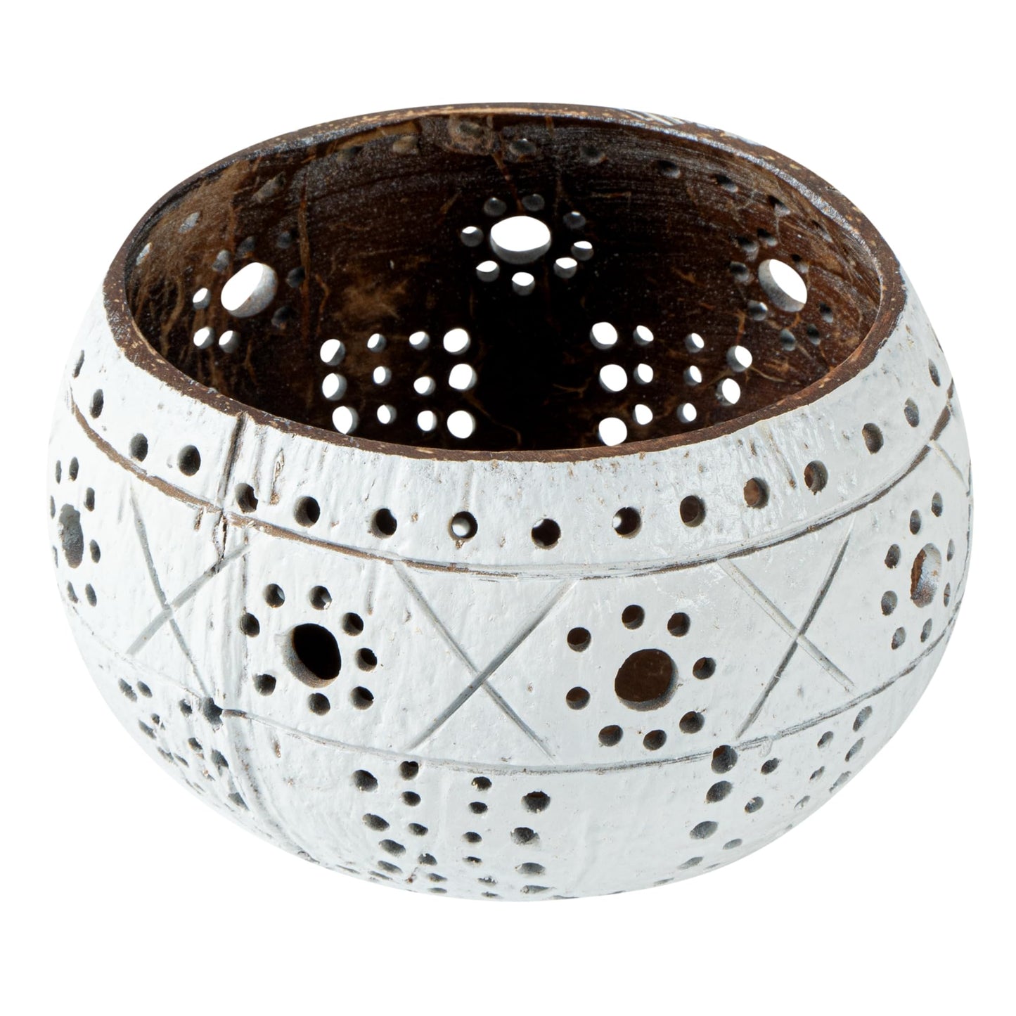 Restaurantware - Coco Casa 4 x 3.3 Inch Coconut Shell Candle Holders, 1 Reusable Tealight Candle Holders - Candle Not Included, Sun And Light Pattern, White Coconut Bowls For Candles, Handcrafted