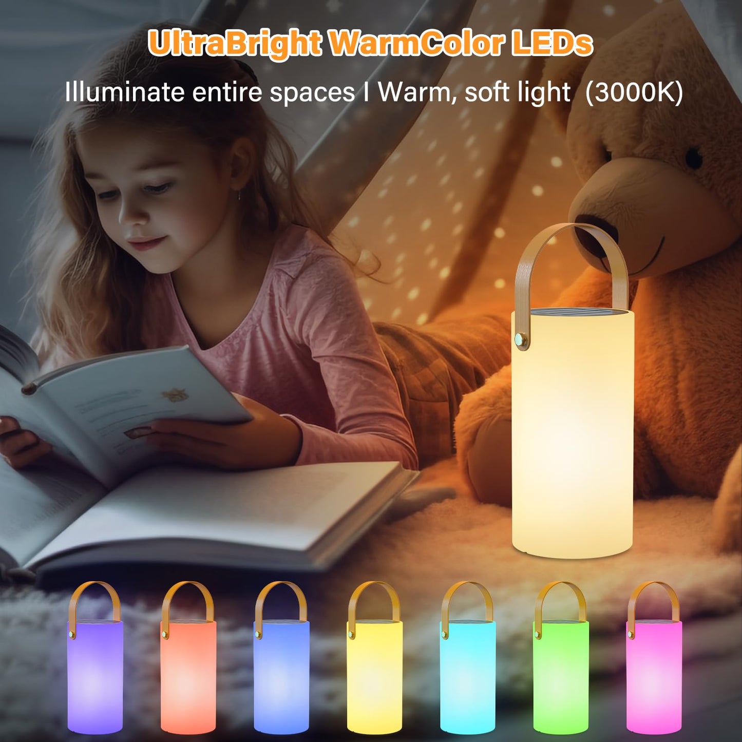 Outdoor Table Lamp for 1500mAh Table Lamp with Solar Table Lamp IP44 Waterproof DC-USB Rechargeable, 3 Levels Warm White+ RGB Colors, Remote Control, Portable Light for Camping Garden Yard