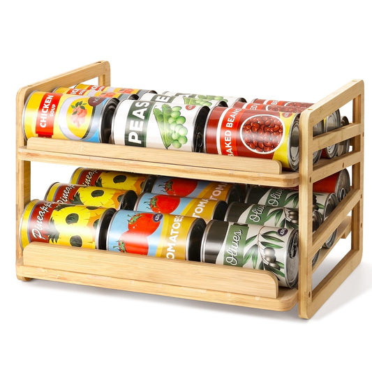 Yumkfoi Rolling Bamboo Can Organizer Rack, Stackable Double-Layer Can Organizers and Storage For Pantry, Canned Goods Holder Dispenser For Countertop Kitchen Cabinet or Pantry Shelf