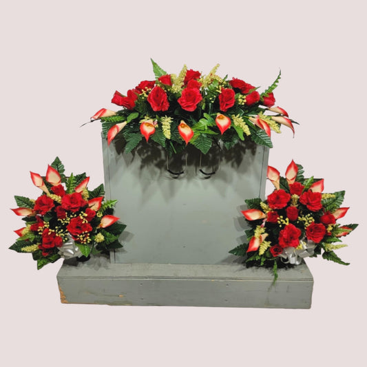Realistic Artificial Cemetery Flowers - Silk Faux Floral Red Rose and Calla Lily - Bouquet Pair for Grave - Headstone Decoration - Memorial Flowers