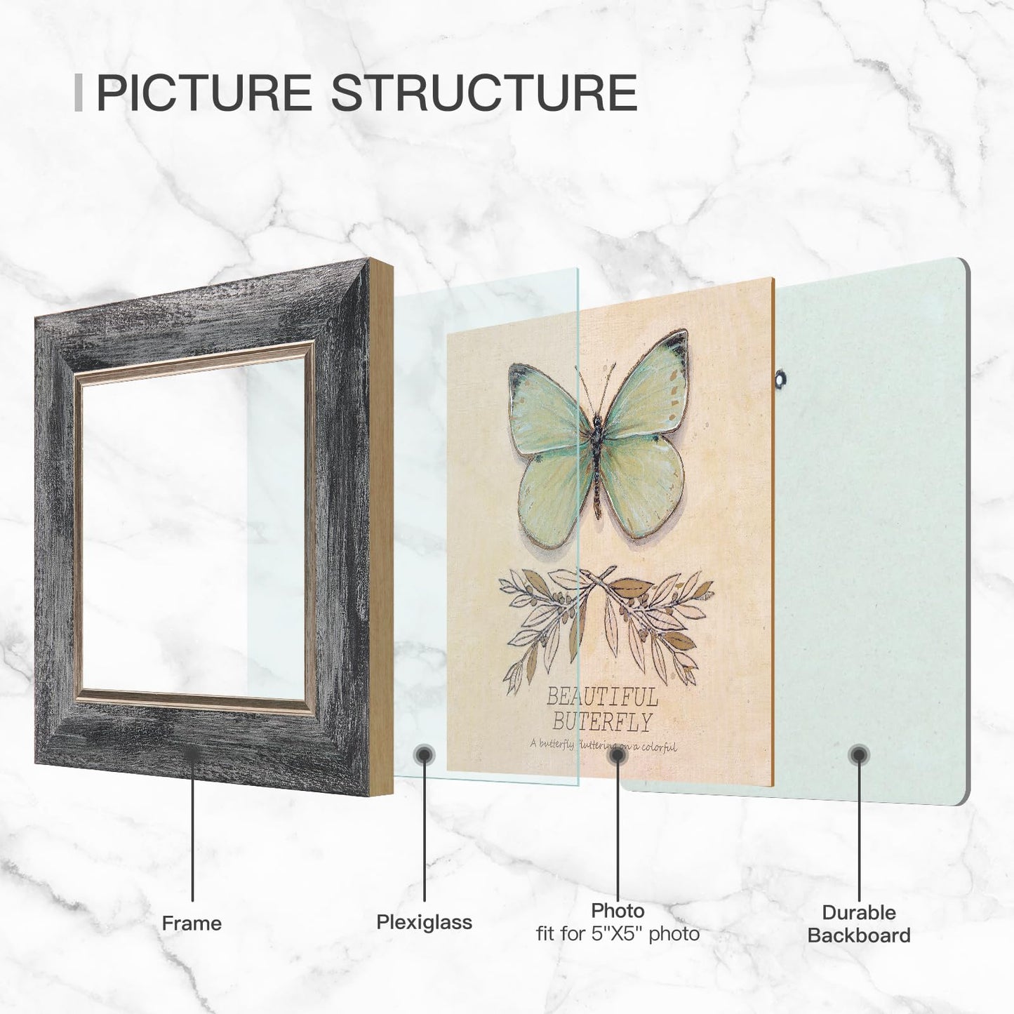 XUANLUO 5x5 Picture Frames Set of 4 Rustic Retro Photo Frame with Tempered Glass Wall Mount and Tabletop Display Family Friends Wedding Gift