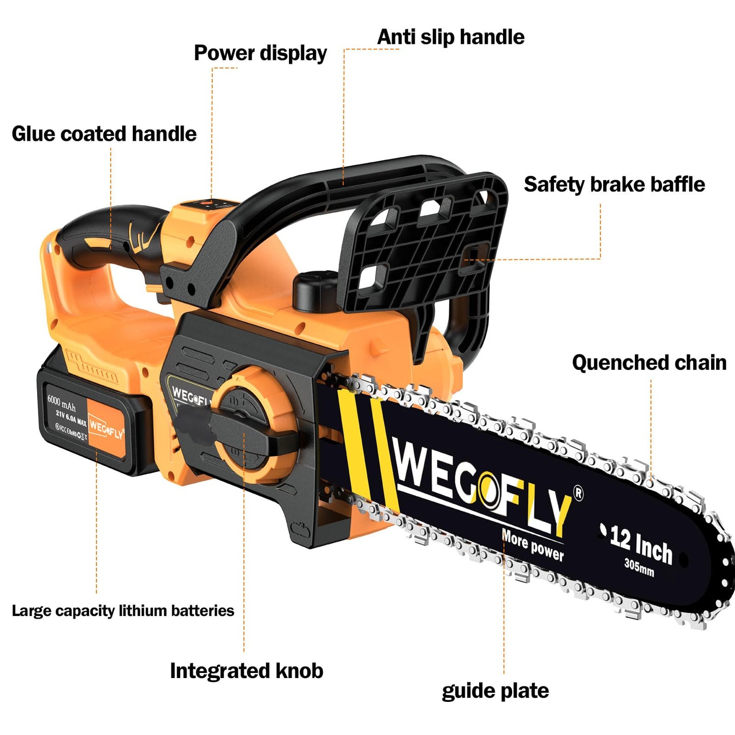 WeGofly 12-Inch Electric chainsaw Kit, (2 x 21V 4.0Ah Battery and Charger) Cordless Chainsaw with with Tool-free Chain Tension & Auto Lubrication, for Wood Cutting Trimming Courtyard Garden