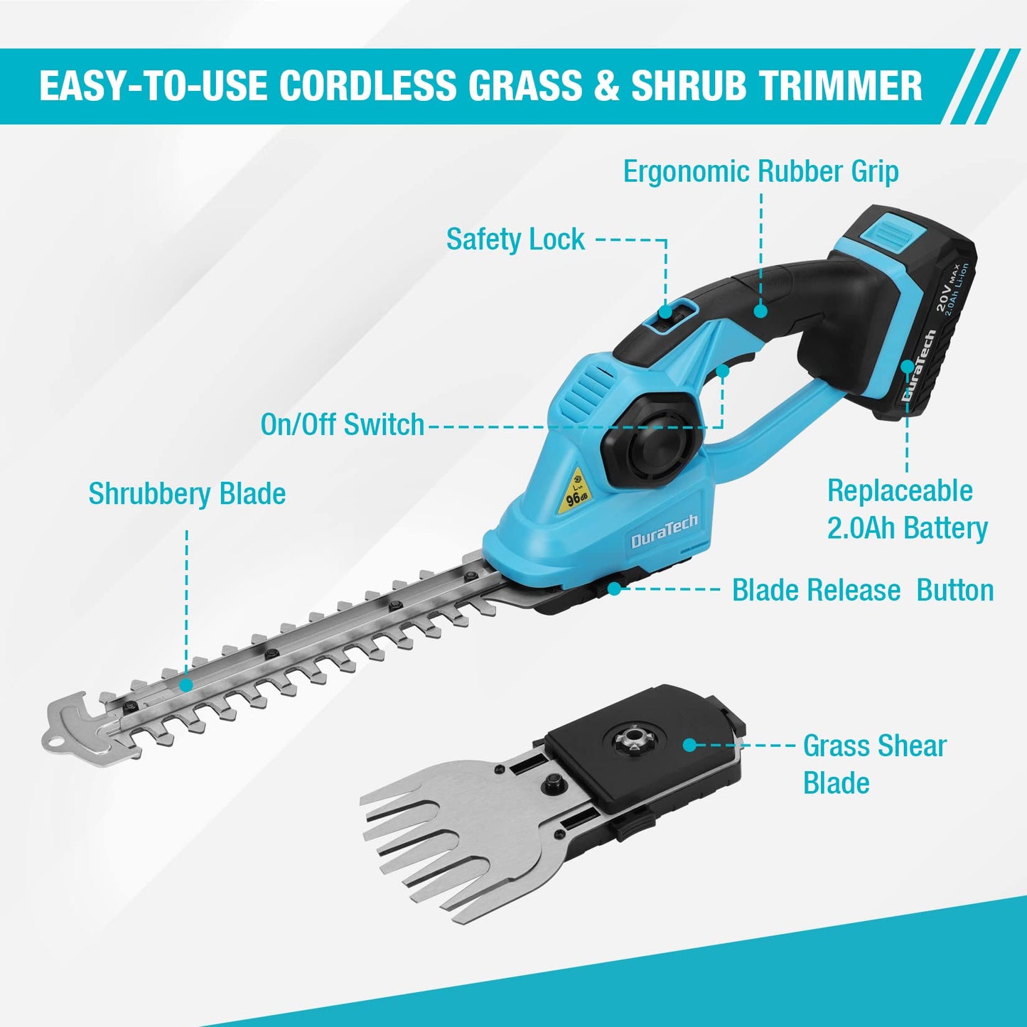 DURATECH Cordless Grass Shear & Shrubbery Trimmer, 2-in-1 20V Handheld Electric Hedge Trimmer & GrassTrimmer Included 2.0Ah Li-ion Battery, Quick Charger, Shrub Trimmer & Grass Cutter for Garden, Lawn