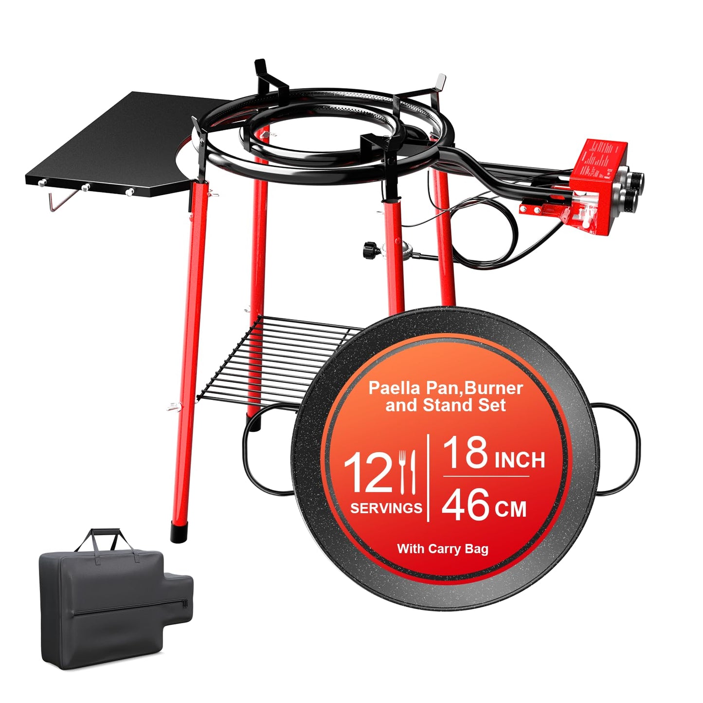 GRILL FORCE 18 Inch Paella Pan and Burner Set, Paella Burner and Stand Set, Paella Pan Set,18 Inch Paella Pan, Paellera, Paella Kit with Carry Bag, Built-In Ignitor Regulator Hose, 12 Servings