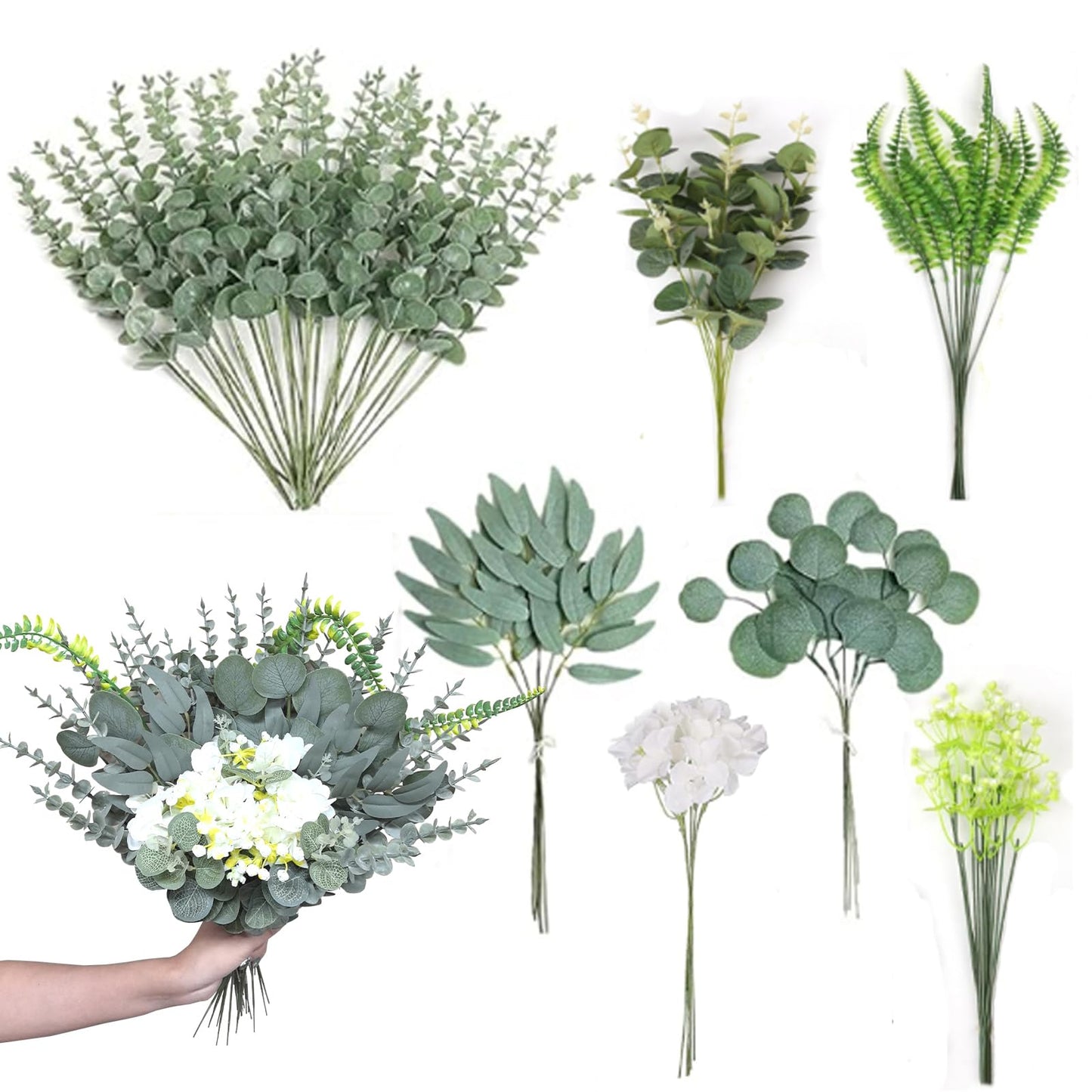 85PCS 7 Kinds Mixed Eucalyptus Stems & Artificial Flowers Greenery Stems Set, Faux Silver Dollar Eucalyptus Leaves Branches for Wedding Party Bouquets Floral Arrangement Table Centerpieces Home Decor