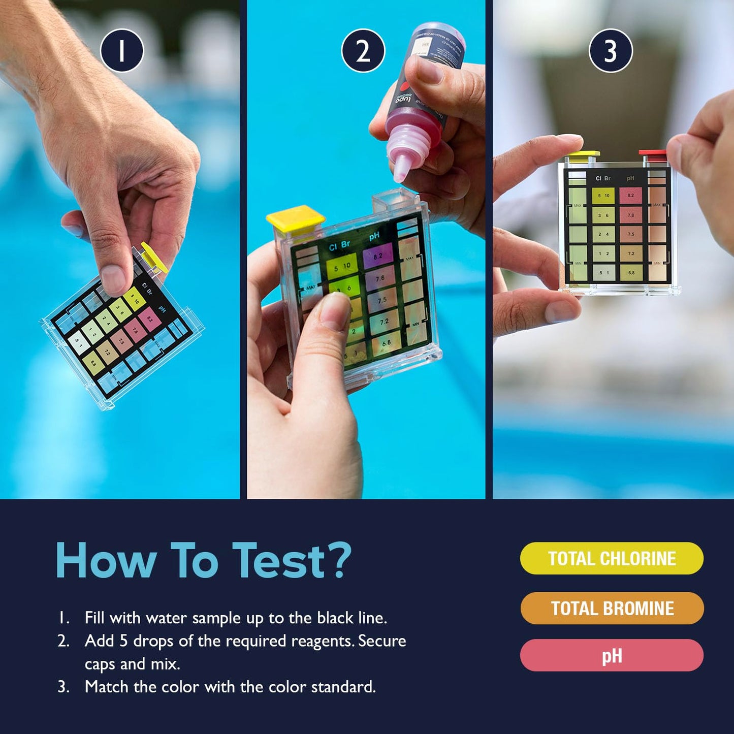 Lupo 3-in-1 Pool Test Kit | Pool Testing Kit for Residential Swimming Pools & Spas for Testing Total Chlorine, Total Bromine & pH | Chemical Test Kit for Quick & Accurate at-Home Pool Water Testing