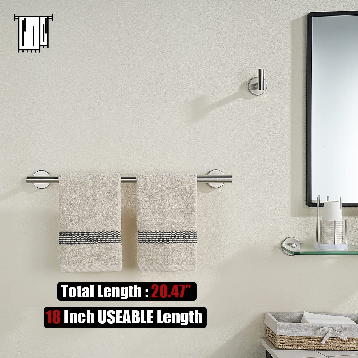 JQK Bath Towel Bar, 18 Inch 304 Stainless Steel Thicken 0.8mm Towel Rack Bathroom, Towel Holder Brushed Finished Wall Mount, Total Length 20.47 Inch TB110L18-BN