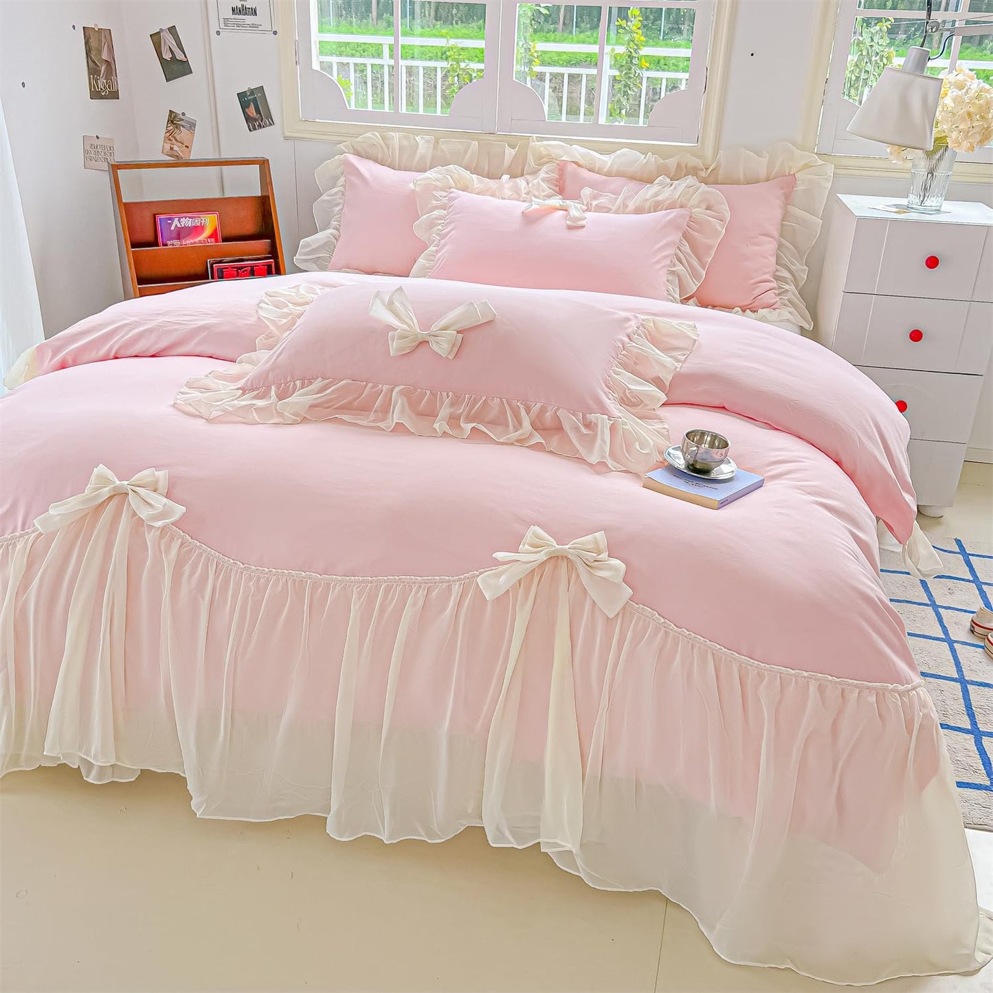 SOUKECHY Girls Lace Bedding,Pink Full Comforter Cover Set, Chic Ruffled Duvet Cover with Lovely Bow,Princess Style 1 Duvet Cover with 2 Pillowcases, No Comforter-Pink,Full Size