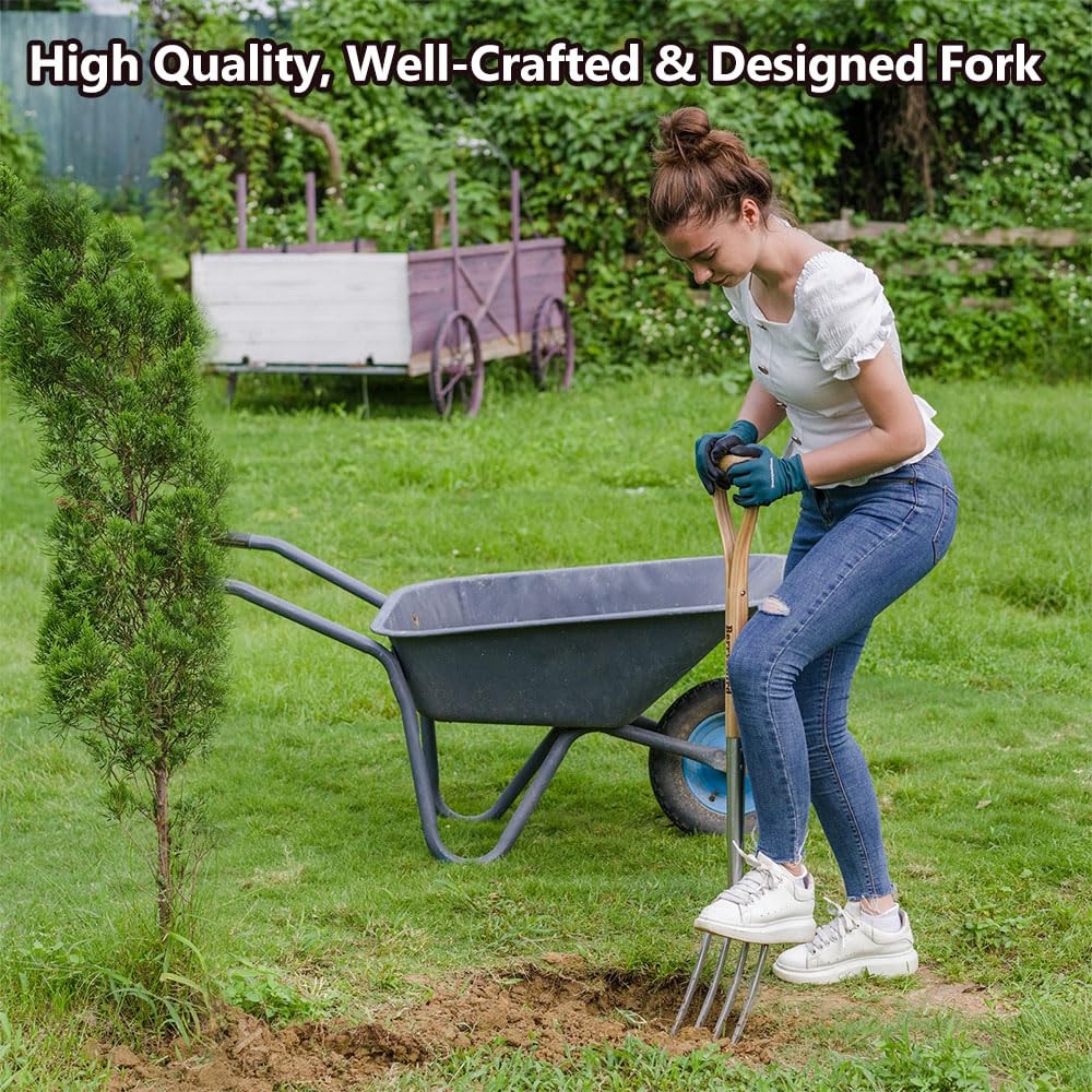 Berry&Bird Garden Digging Fork, 37.4" Stainless Steel Garden Spading Fork with D-Grip Handle, 4-Tine Heavy Duty Long Handled Pitchfork with Ash Wood Handle for Digging, Planting, Cultivating, Aerating